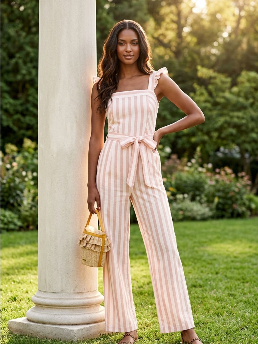NWT Draper James Striped Tie-Waist Jumpsuit in Camel Cabana